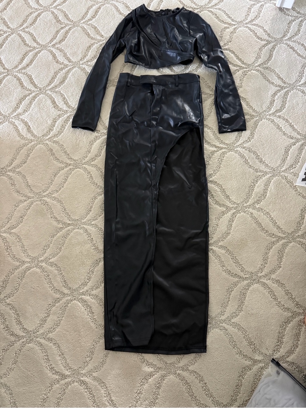 Fashion Nova Black Faux Leather Two-Piece Set with High Slit Skirt